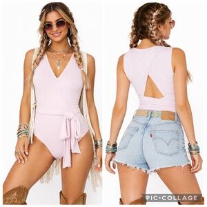 BCBGeneration‎ Lilac Surplice Wrap Open Back Bodysuit Tie Waist NWT